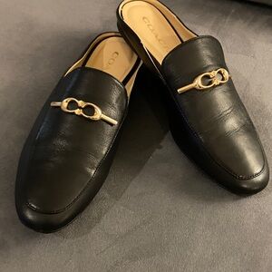 Coach Black Leather Mules with Gold Accent